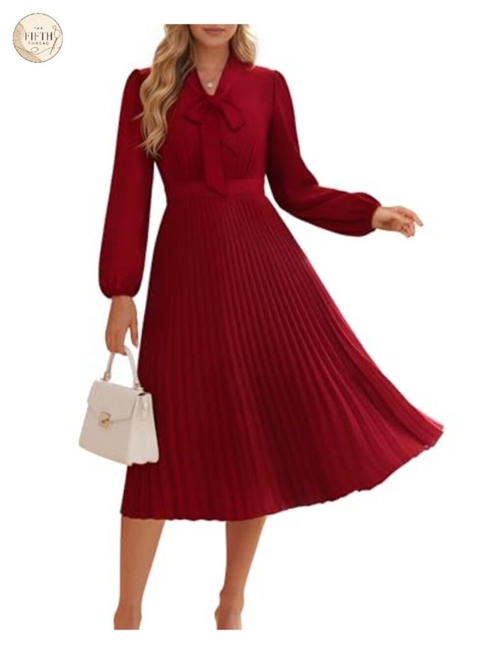 Women's Long Sleeve Pleated A-Line Midi Dress V-Neck Tie Neck Casual